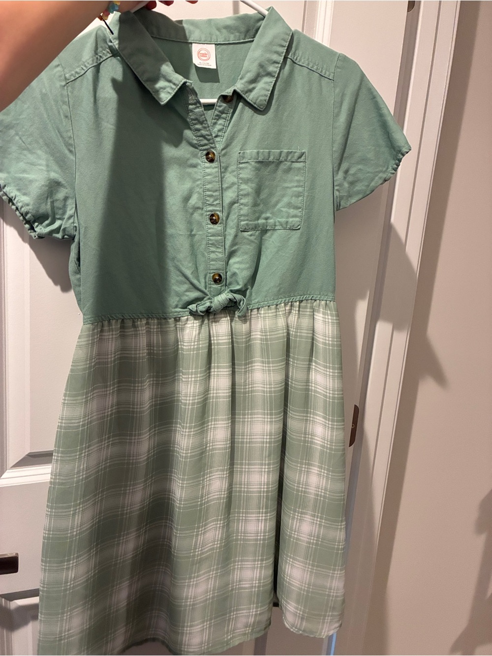 FREE‼️If Bundle Girls' Sage Green Tie-Front Plaid Dress